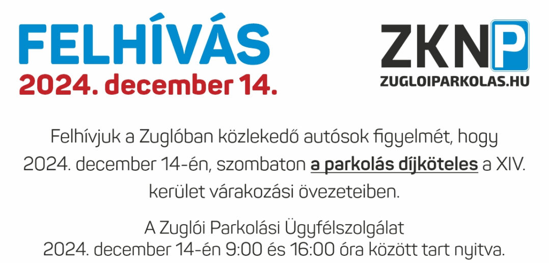 Felhívás a december 14-ei díjköteles parkolásról